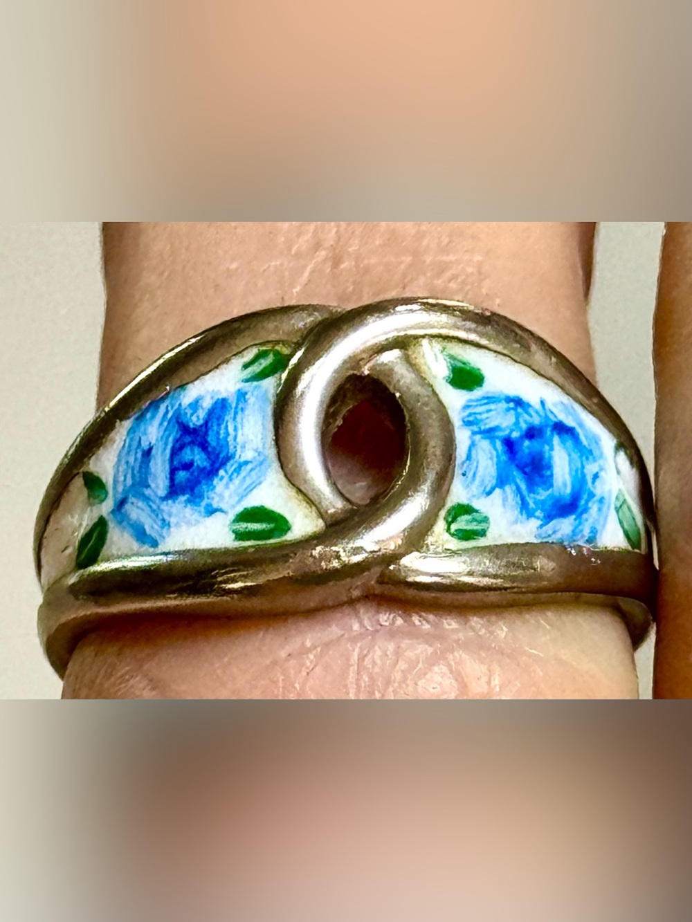 Vintage Guilloche Sterling Ring, Enamel Morning Glory and Leaves Lovely